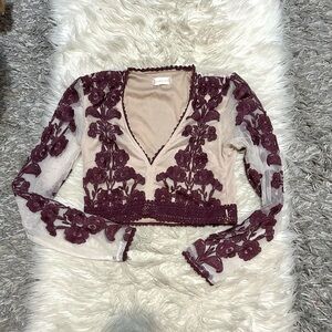 Burgundy Floral Mesh Crop Top